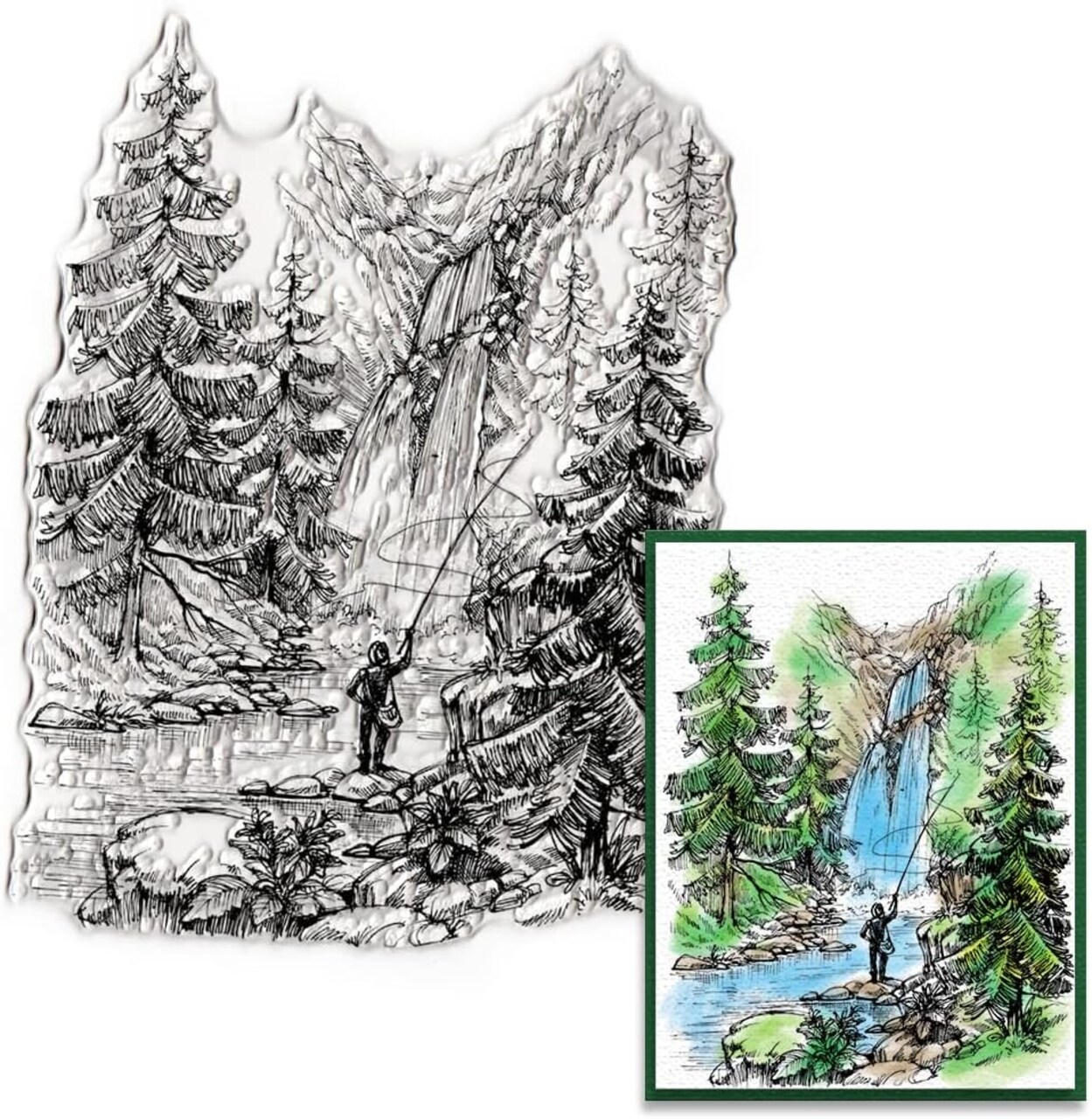 Waterfall Trees Background Clear Stamps for Card Making Journaling, Mountain Forest Silicone Stamps Fishing Man Rubber Stamps for Scrapbooking DIY Cards Album Crafts Supplies
